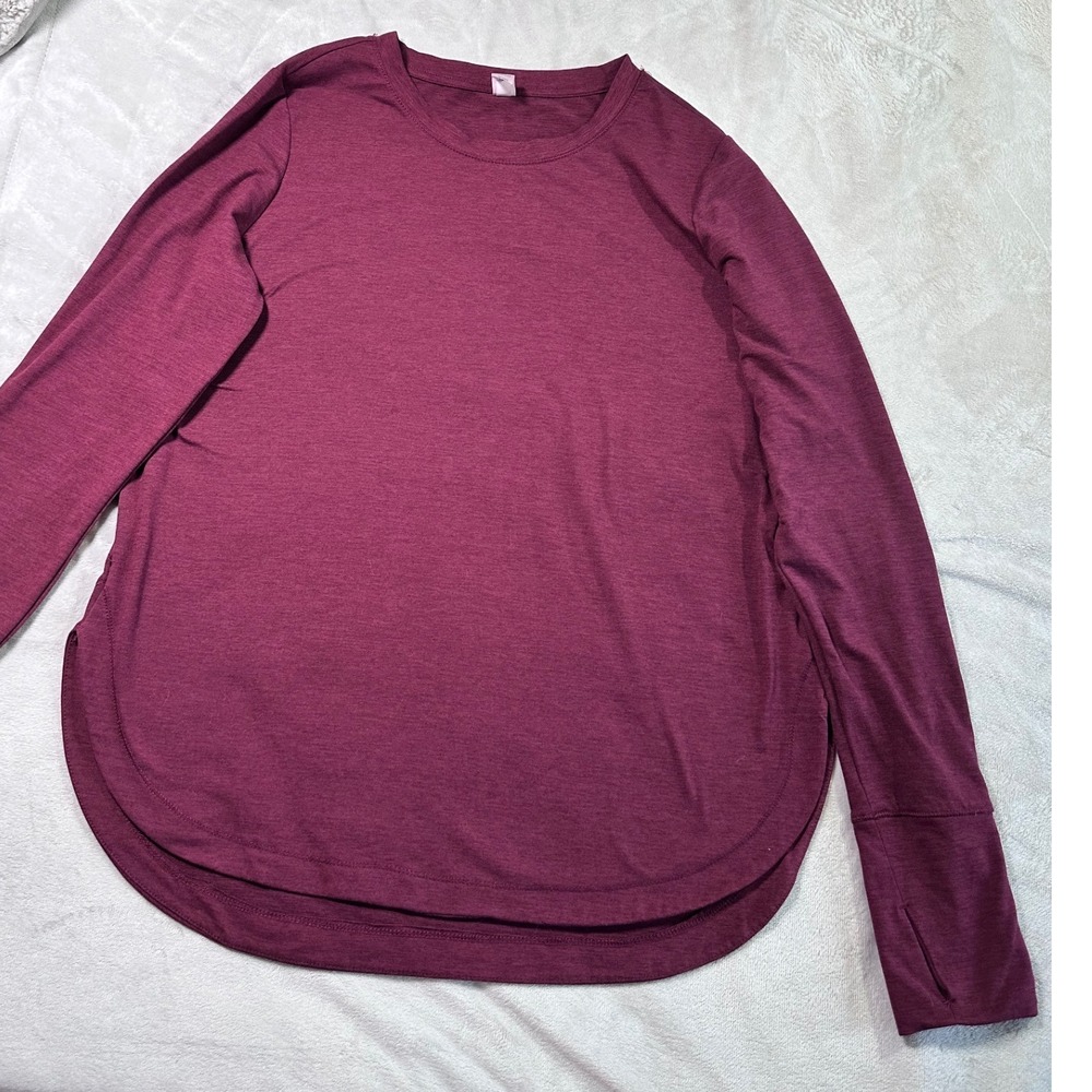 Velocity Womens Long Sleeve Thumbhole Active Top Burgundy Heathered Large